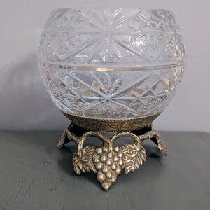 Vintage Royal Irish Crystal Rose Bowl w Brass Grape Stand 24% Lead Crystal